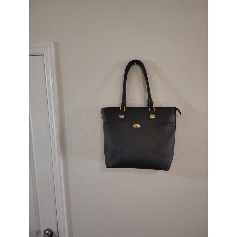 Unbranded‎ Black Faux Leather Tote Bag Gold Tone Hardware Zippered Work Handbag